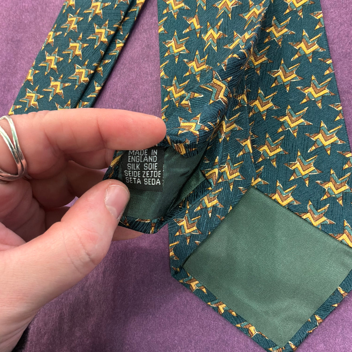 Vintage Liberty of London Silk Tie Dark Green Geometric Star Print