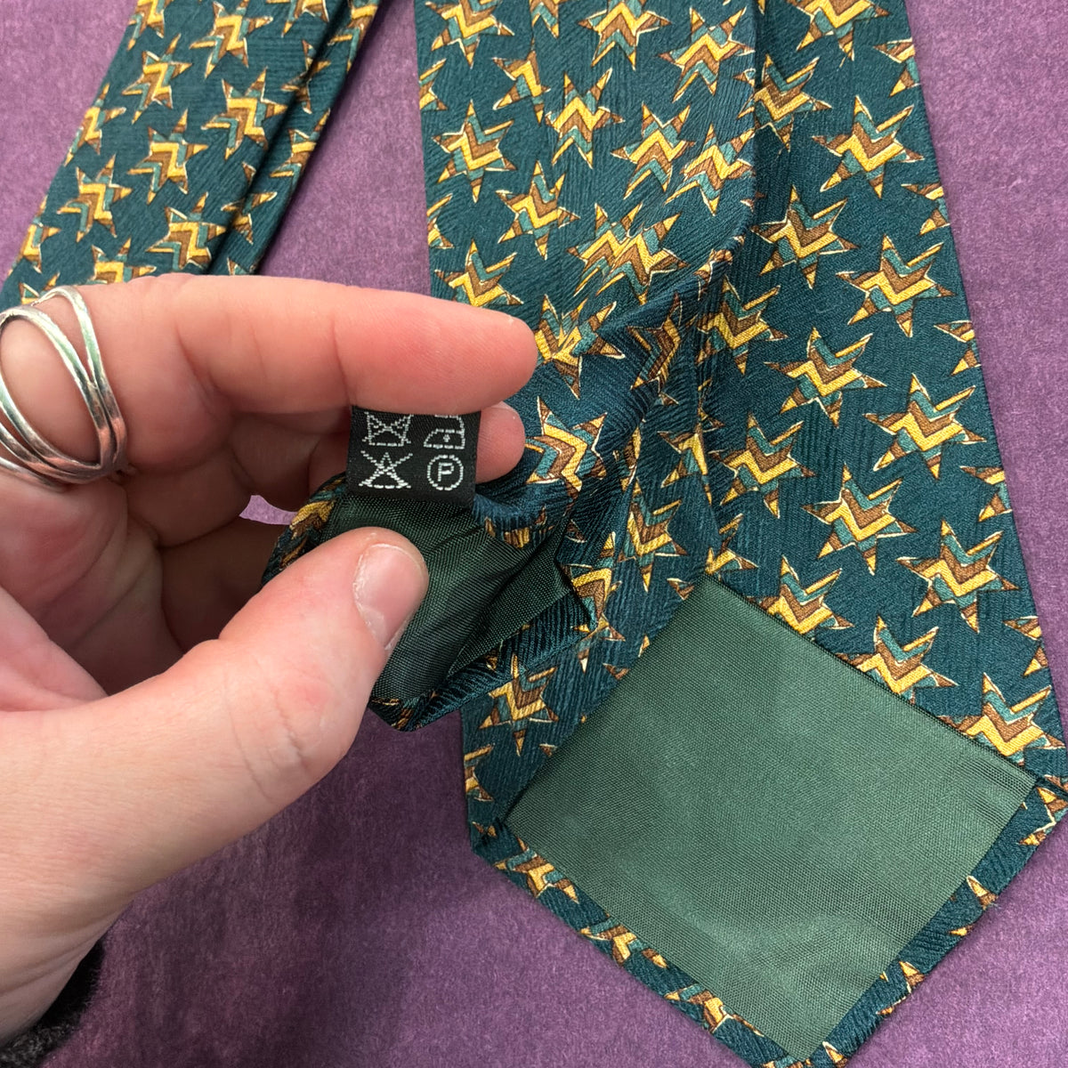 Vintage Liberty of London Silk Tie Dark Green Geometric Star Print