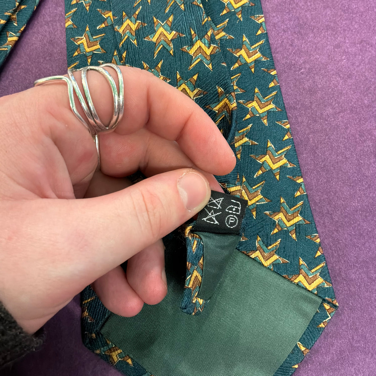Vintage Liberty of London Silk Tie Dark Green Geometric Star Print