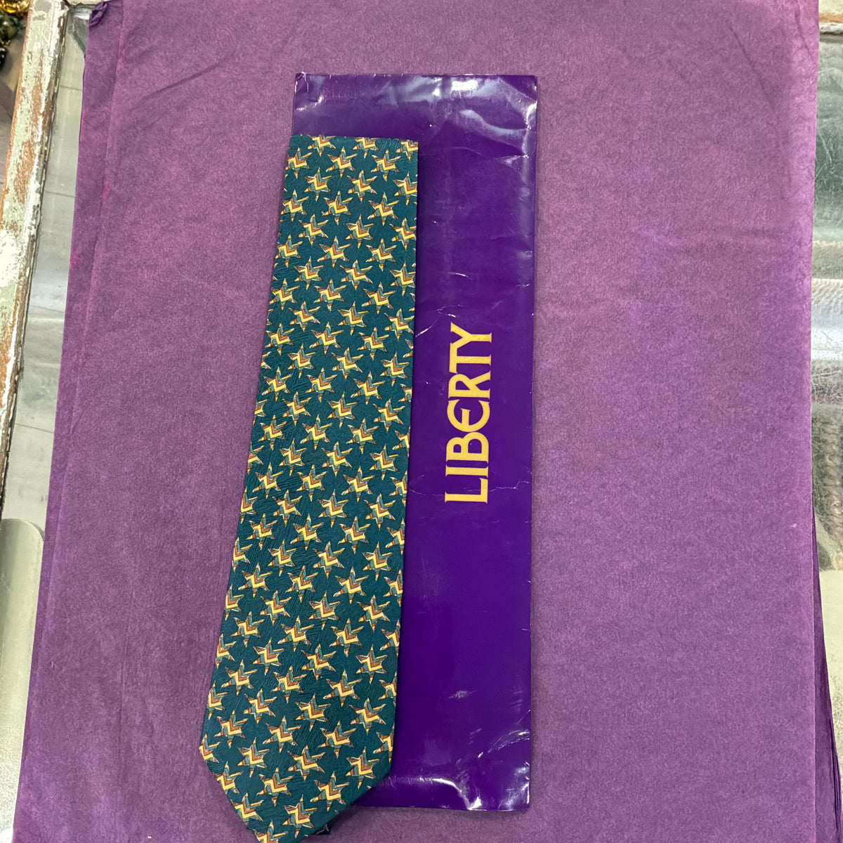 Vintage Liberty of London Silk Tie Dark Green Geometric Star Print