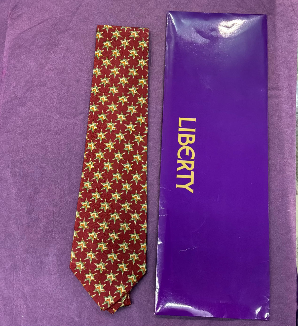 Vintage Liberty of London Silk Tie Claret Red Geometric Star Print