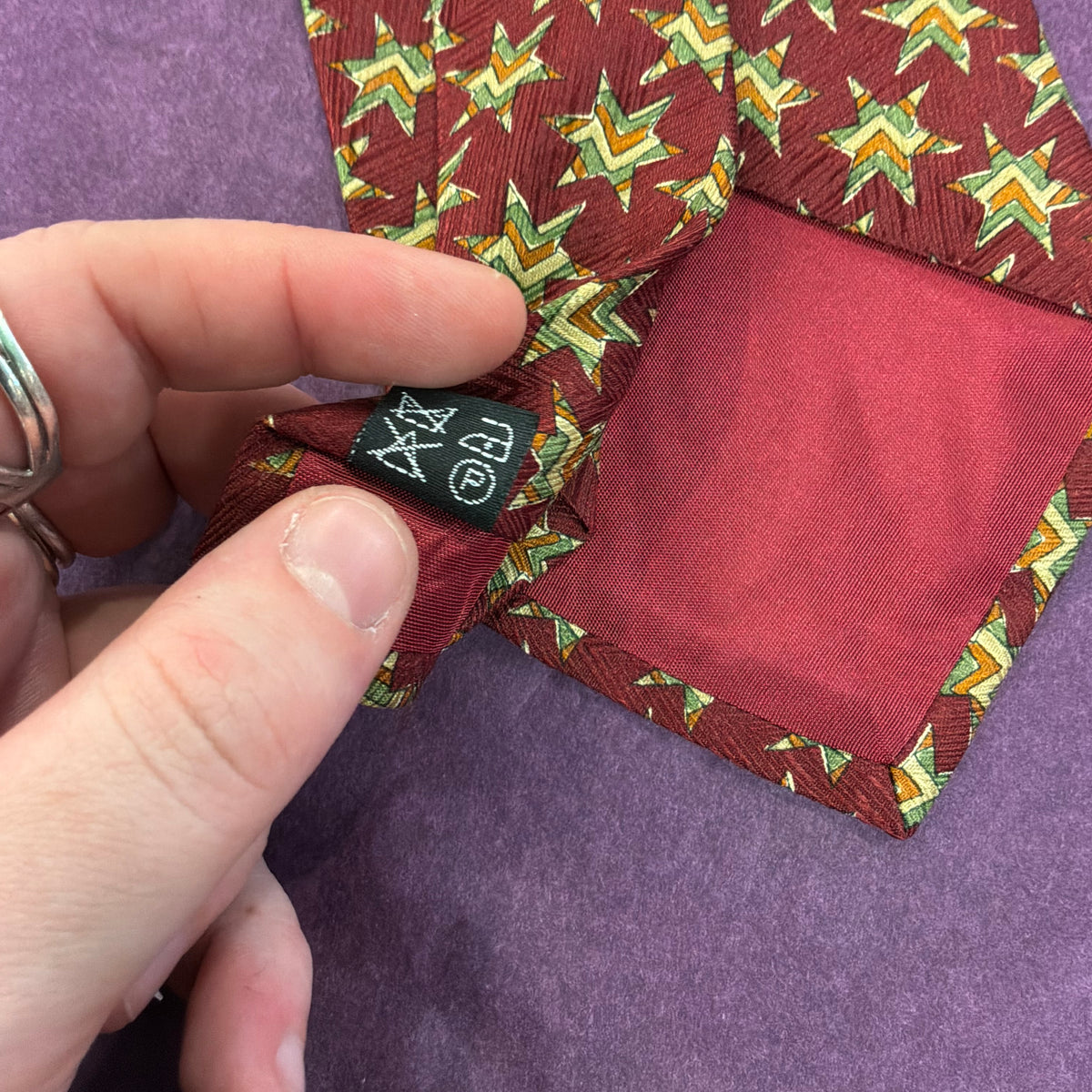 Vintage Liberty of London Silk Tie Claret Red Geometric Star Print