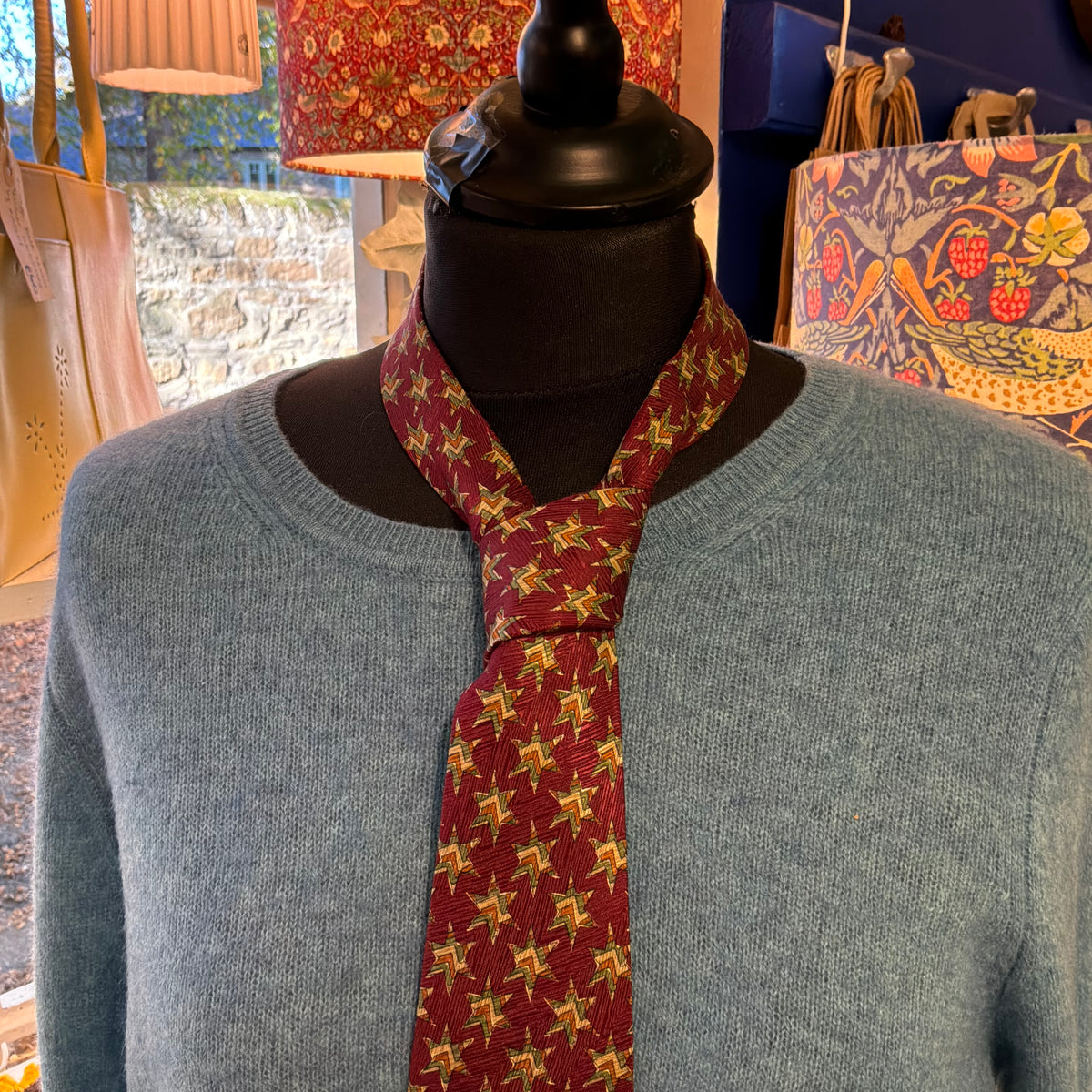 Vintage Liberty of London Silk Tie Claret Red Geometric Star Print