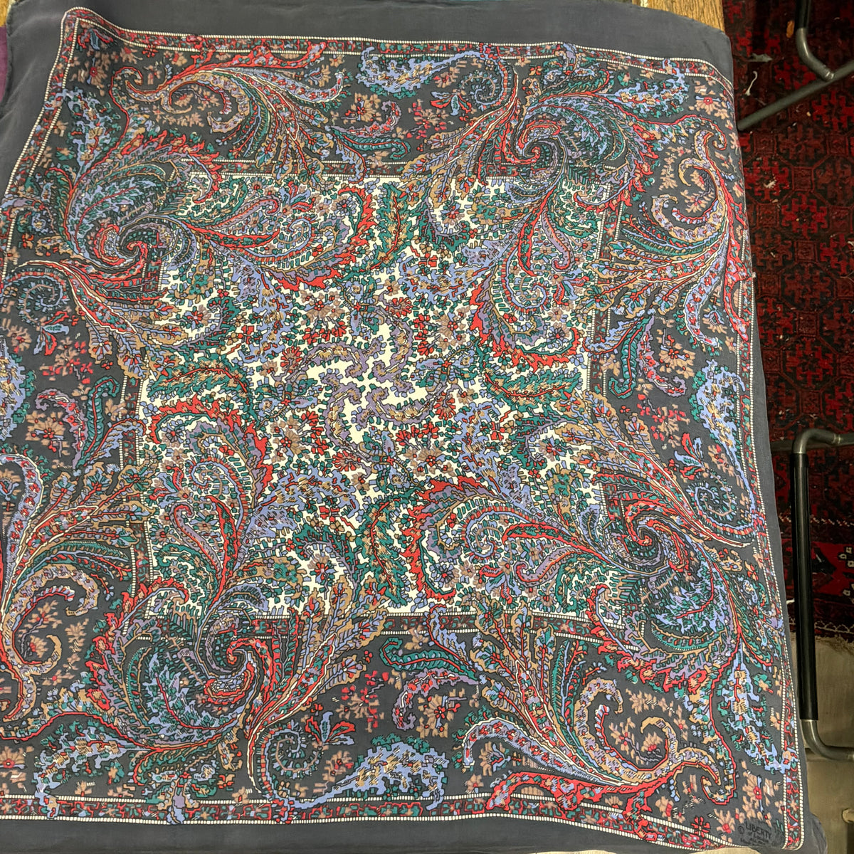Vintage Liberty of London Silk Scarf Paisley Print Slate Grey Teal Red