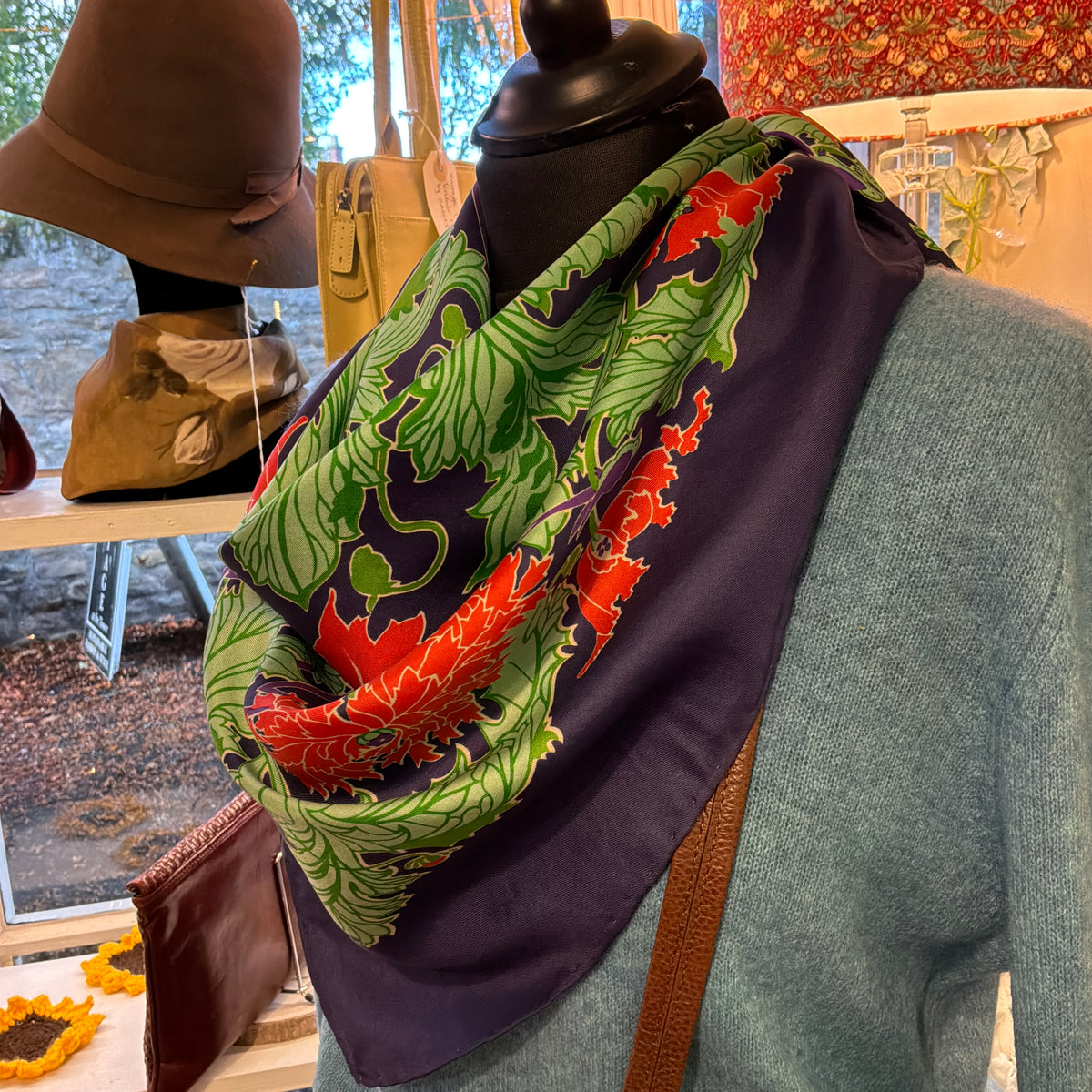 Vintage Liberty of London Pure Silk Scarf in William Morris Style Poppy Floral Print