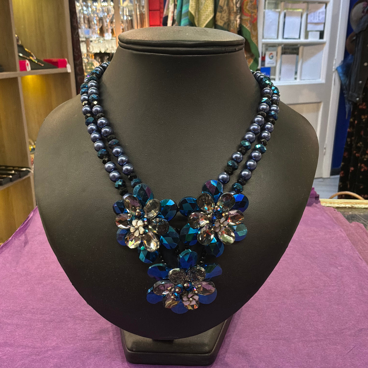 Vintage Butler & Wilson Peacock Blue Crystal Floral Statement Necklace