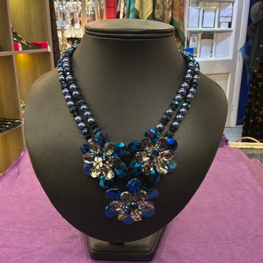 Vintage Butler & Wilson Peacock Blue Crystal Floral Statement Necklace
