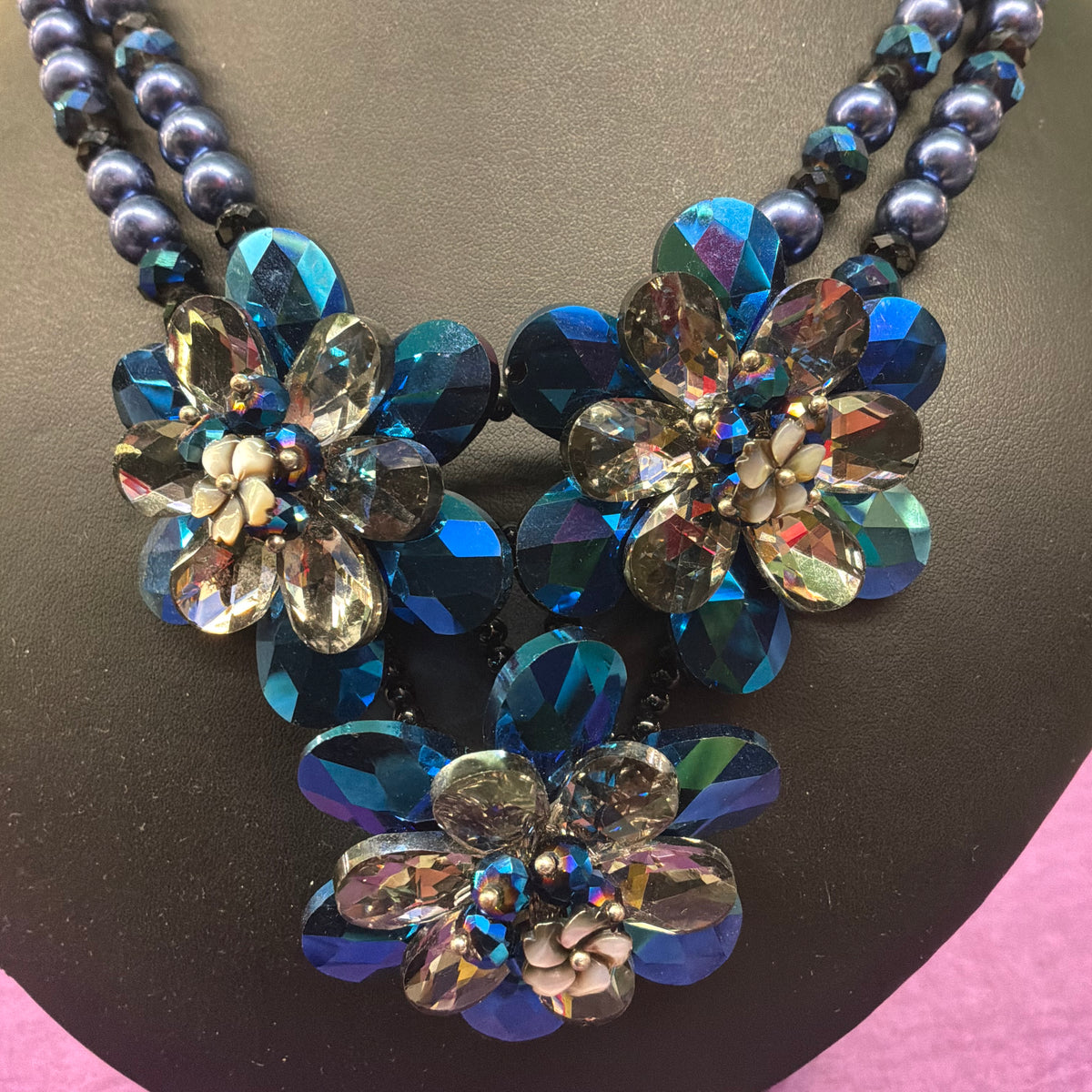 Vintage Butler & Wilson Peacock Blue Crystal Floral Statement Necklace