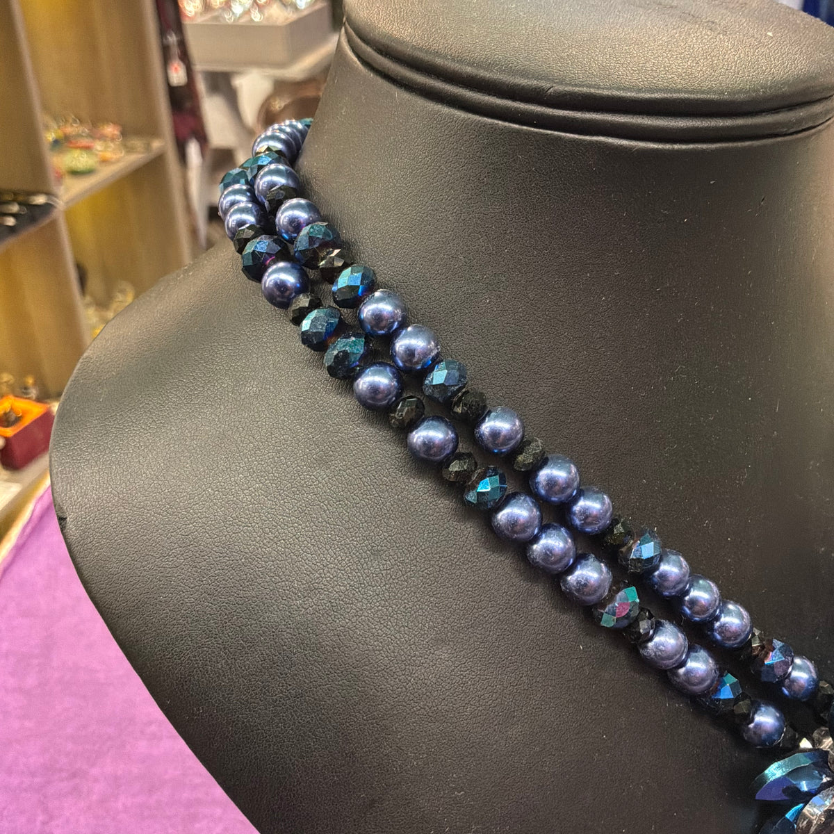 Vintage Butler & Wilson Peacock Blue Crystal Floral Statement Necklace