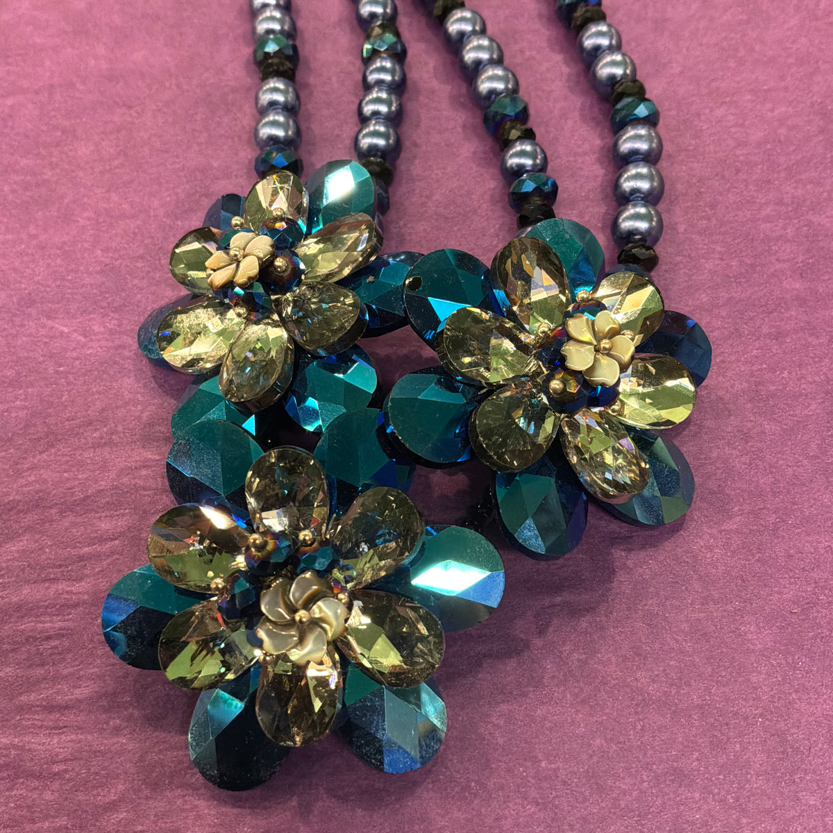 Vintage Butler & Wilson Peacock Blue Crystal Floral Statement Necklace