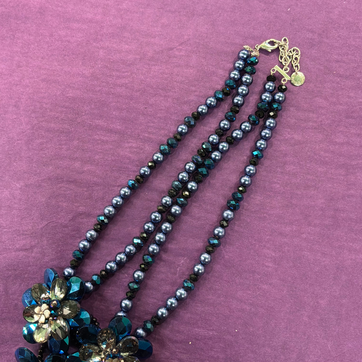 Vintage Butler & Wilson Peacock Blue Crystal Floral Statement Necklace