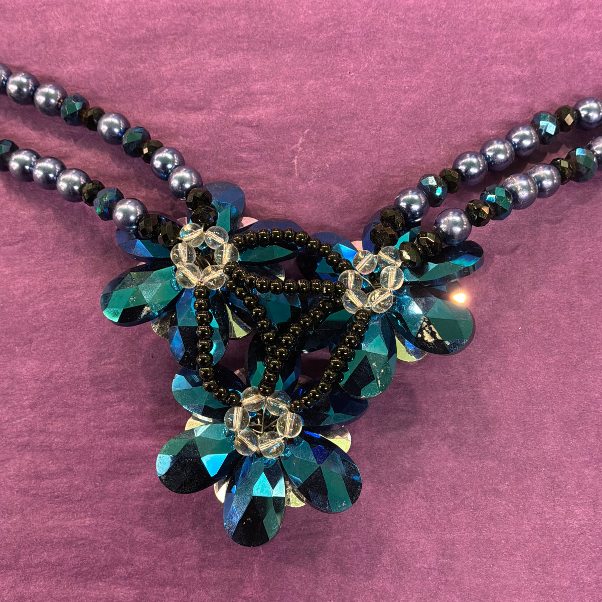 Vintage Butler & Wilson Peacock Blue Crystal Floral Statement Necklace