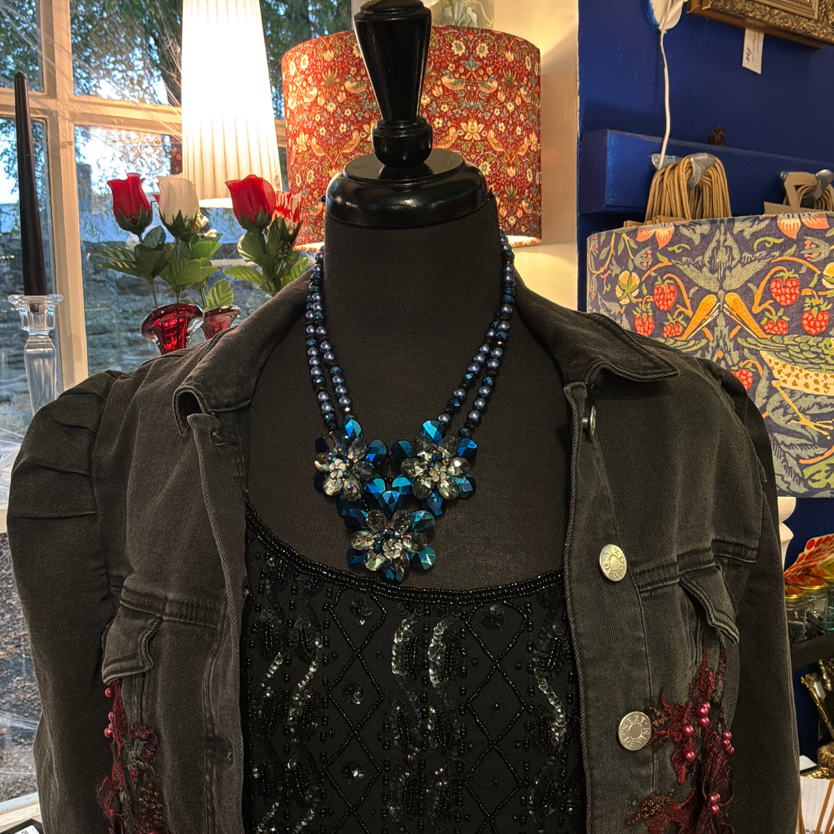Vintage Butler & Wilson Peacock Blue Crystal Floral Statement Necklace