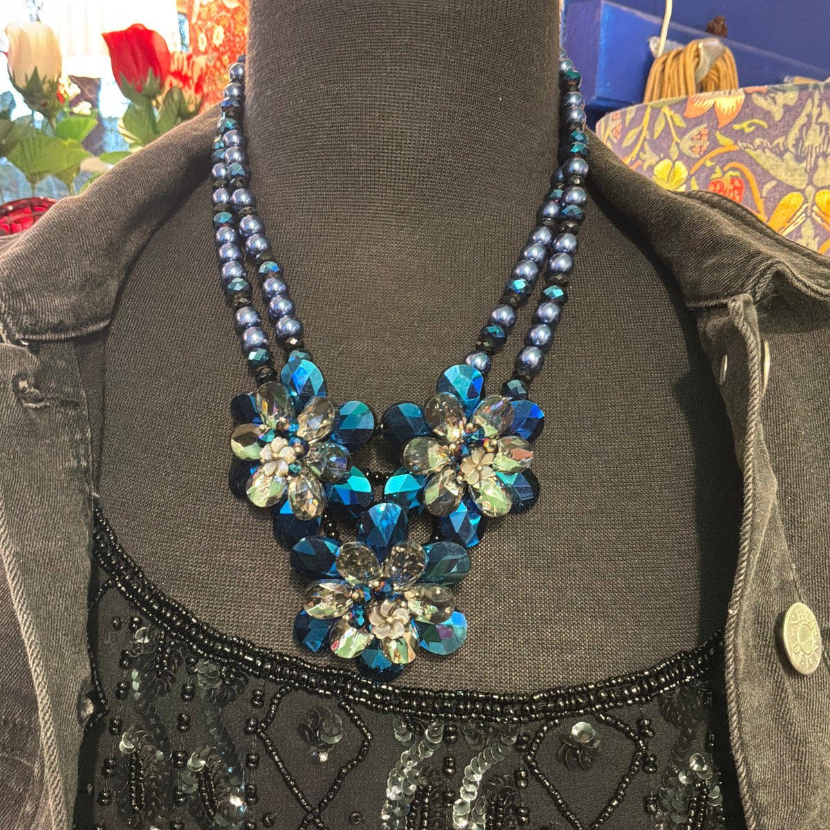 Vintage Butler & Wilson Peacock Blue Crystal Floral Statement Necklace
