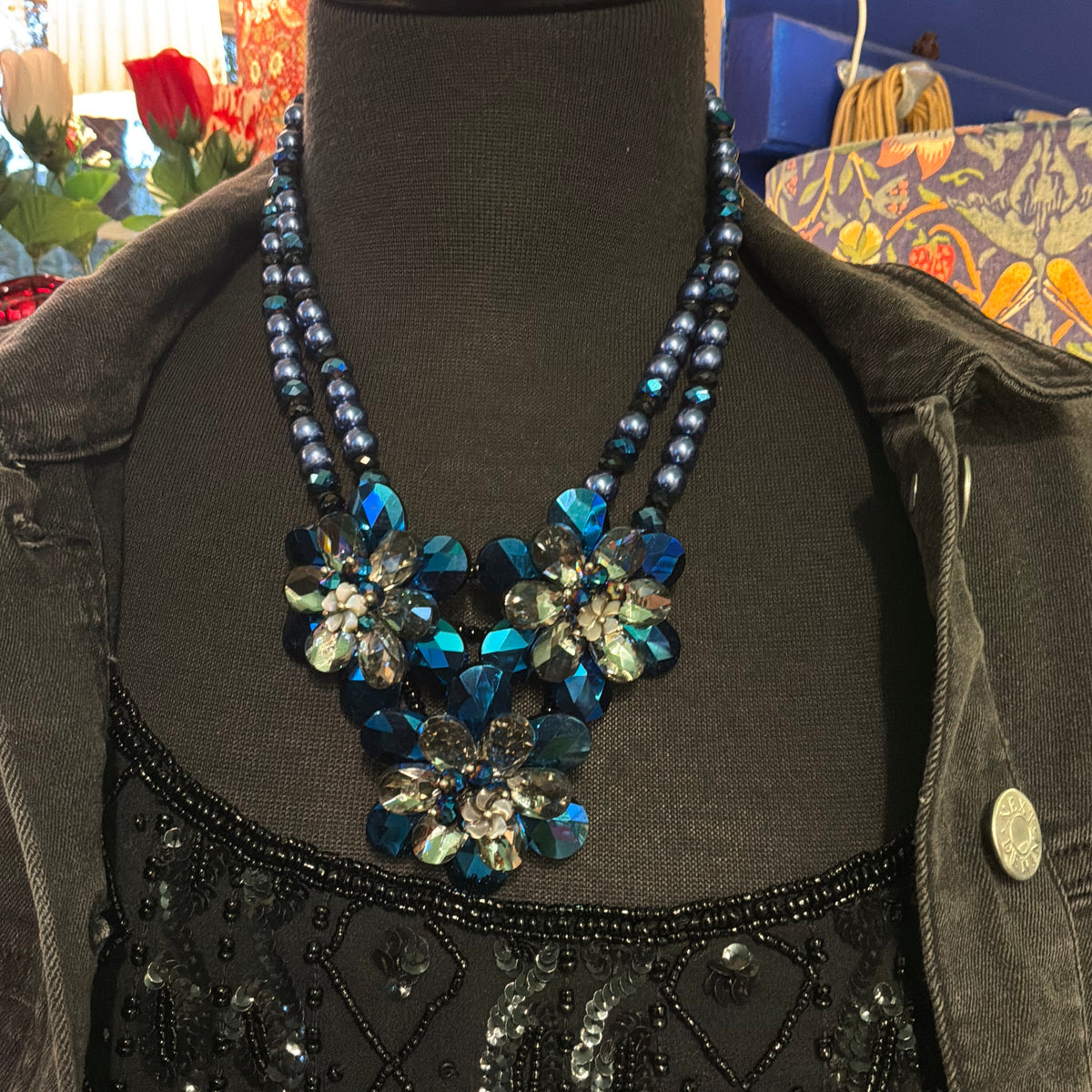 Vintage Butler & Wilson Peacock Blue Crystal Floral Statement Necklace