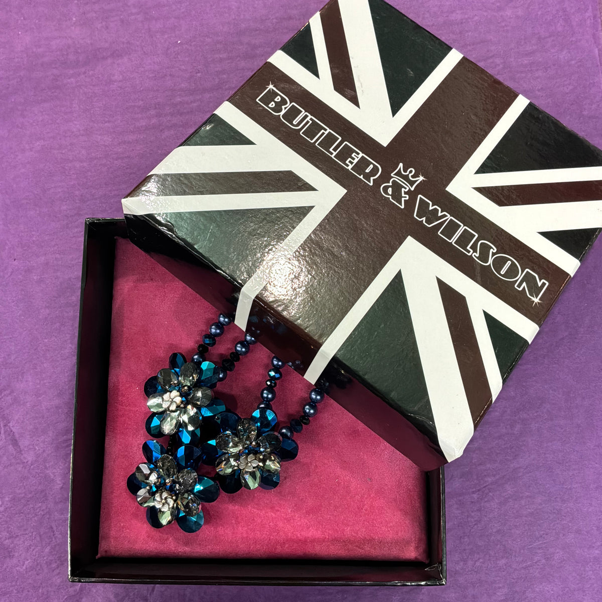 Vintage Butler & Wilson Peacock Blue Crystal Floral Statement Necklace