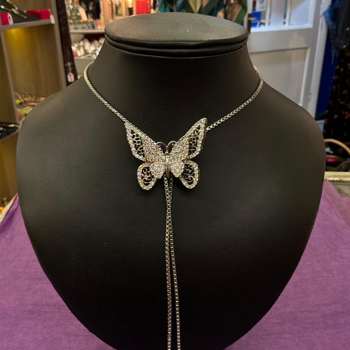 Vintage Butler & Wilson Aurora Borealis Crystal Butterfly Lariat Necklace