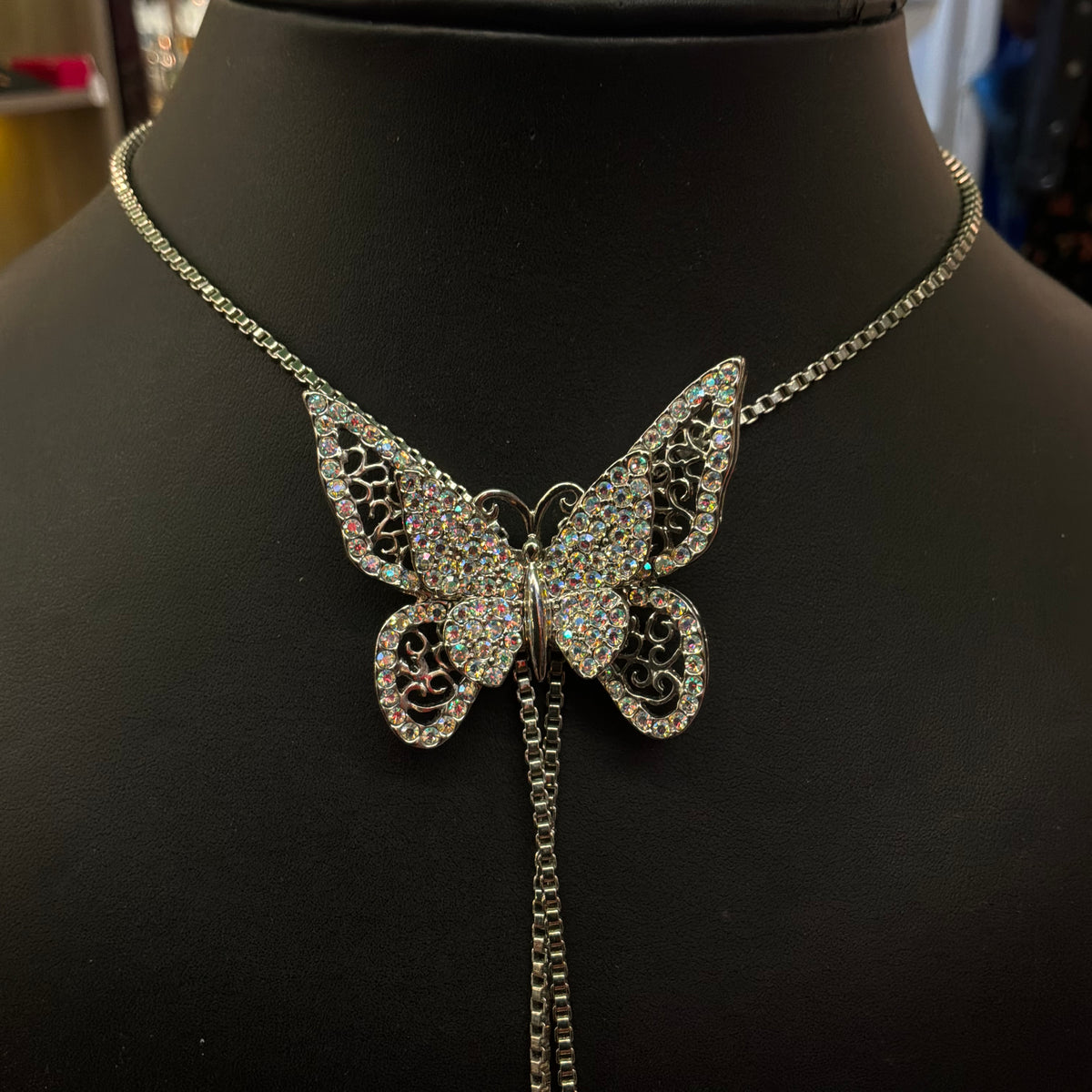 Vintage Butler & Wilson Aurora Borealis Crystal Butterfly Lariat Necklace