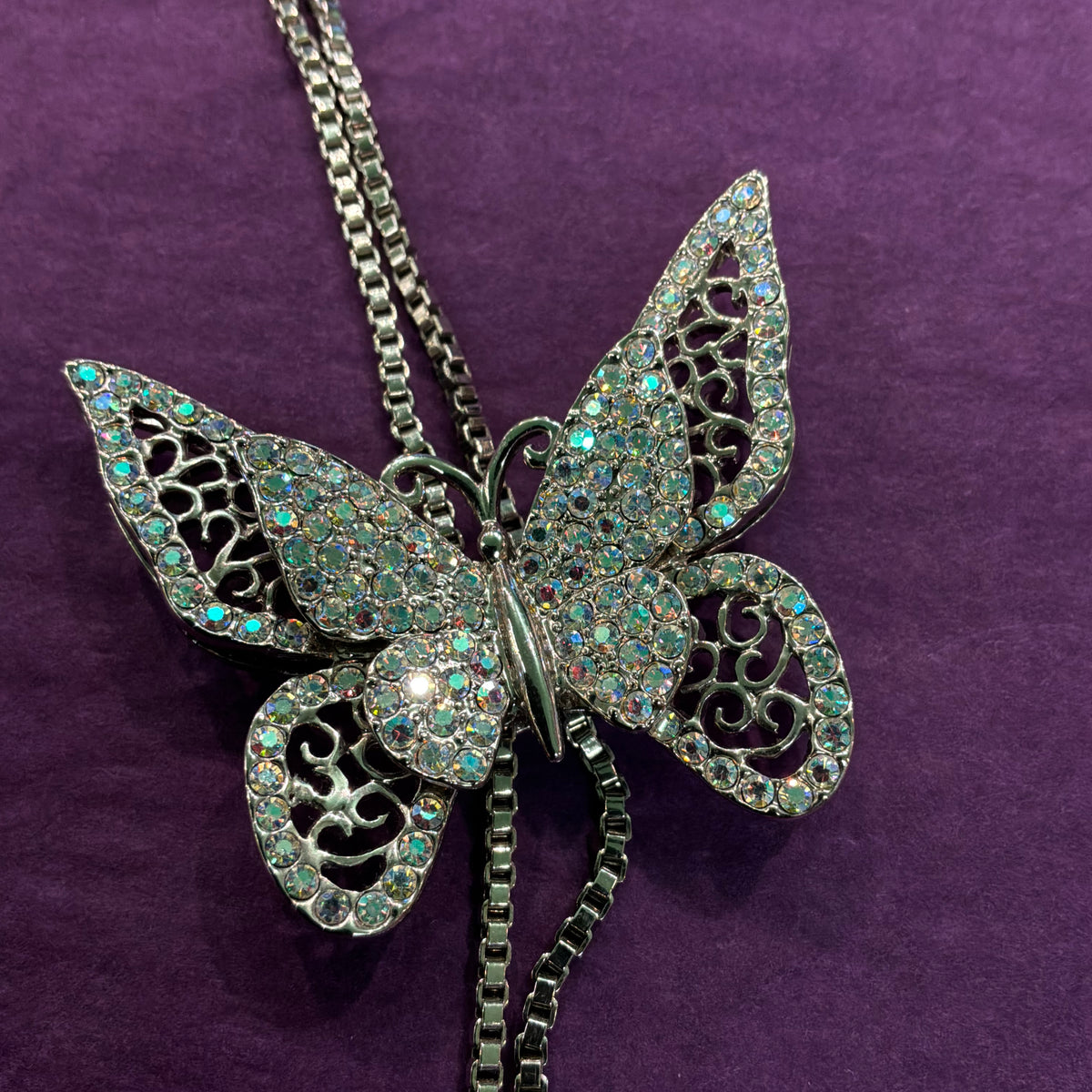 Vintage Butler & Wilson Aurora Borealis Crystal Butterfly Lariat Necklace