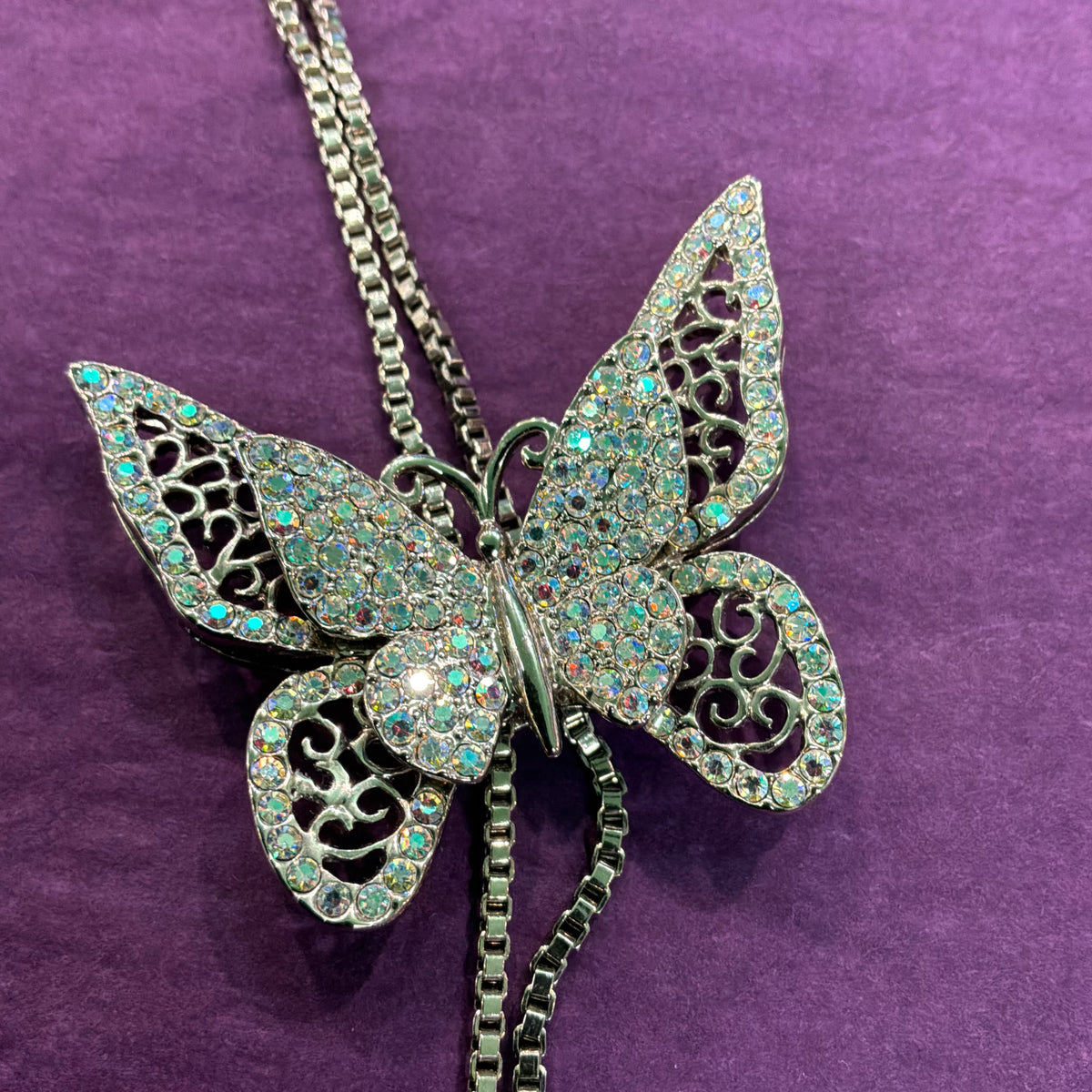 Vintage Butler & Wilson Aurora Borealis Crystal Butterfly Lariat Necklace