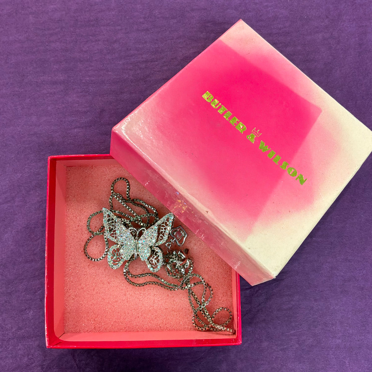 Vintage Butler & Wilson Aurora Borealis Crystal Butterfly Lariat Necklace