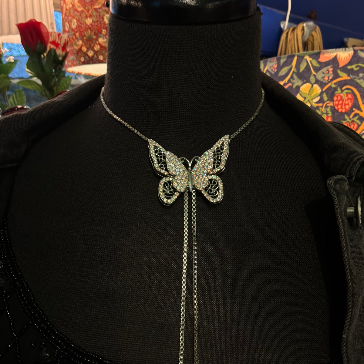 Vintage Butler & Wilson Aurora Borealis Crystal Butterfly Lariat Necklace