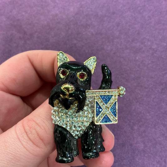 Vintage Butler & Wilson Black Enamel and Crystal Scottie Dog Brooch with Scottish Flag