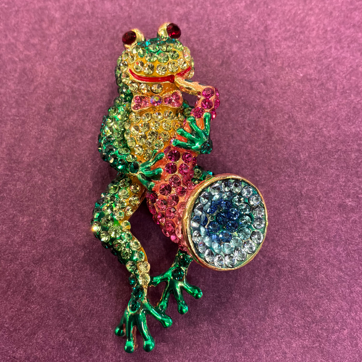 Vintage Butler & Wilson Frog and Saxophone Brooch, Gold Tone and Crystal Novelty Pin