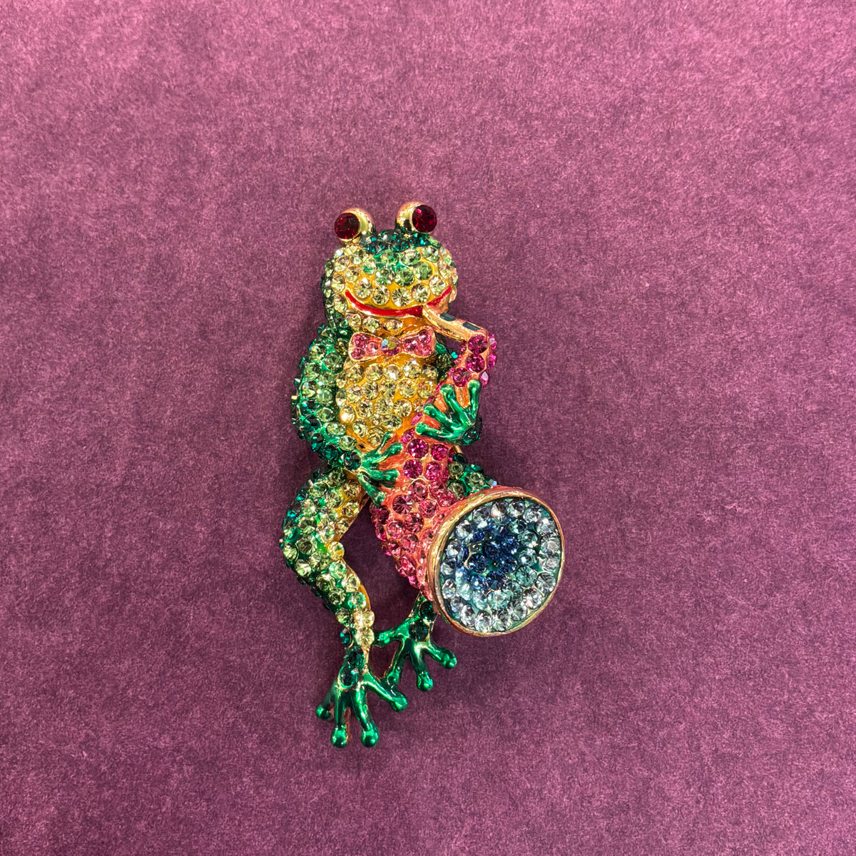 Vintage Butler & Wilson Frog and Saxophone Brooch, Gold Tone and Crystal Novelty Pin
