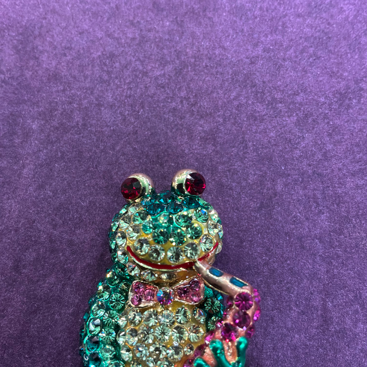 Vintage Butler & Wilson Frog and Saxophone Brooch, Gold Tone and Crystal Novelty Pin