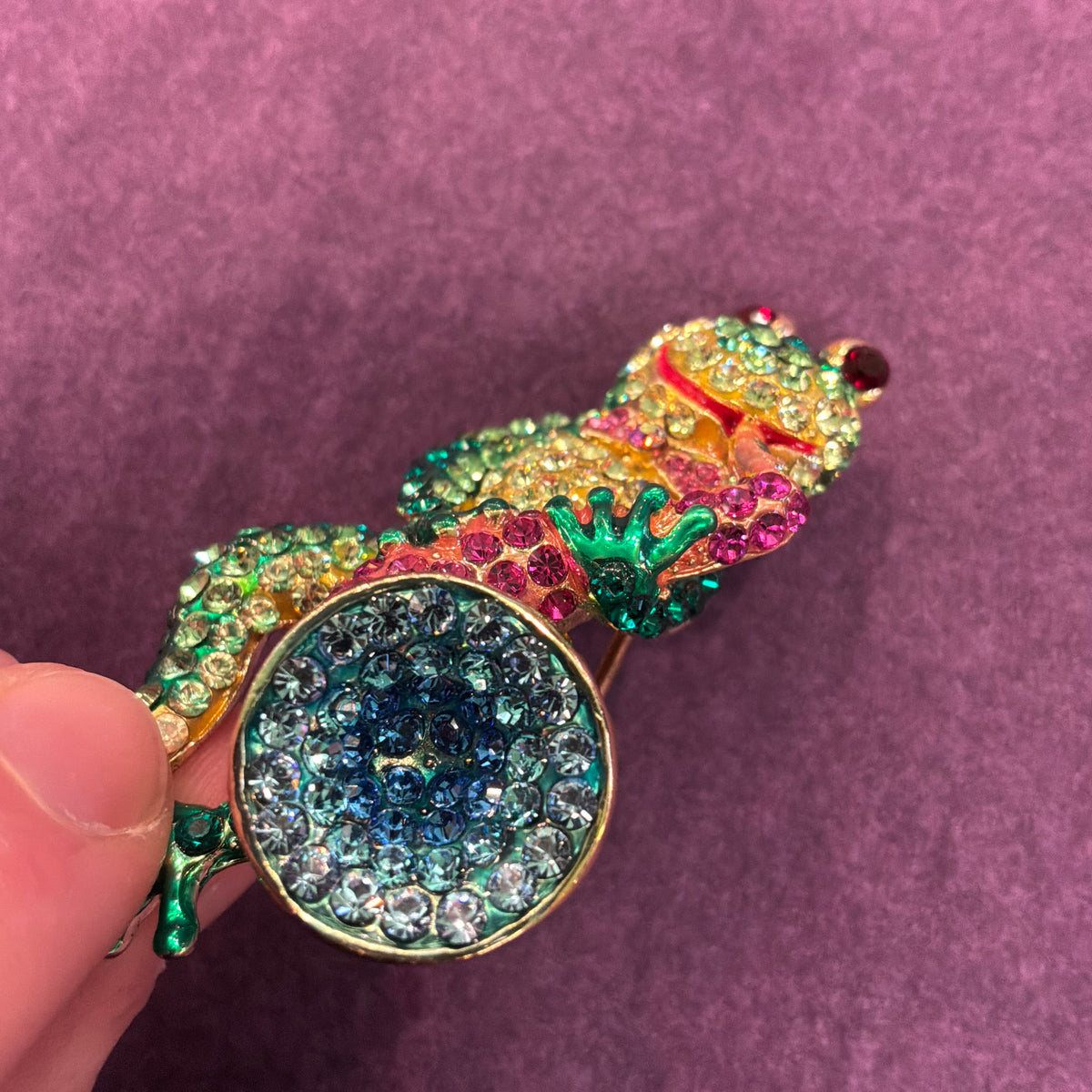 Vintage Butler & Wilson Frog and Saxophone Brooch, Gold Tone and Crystal Novelty Pin