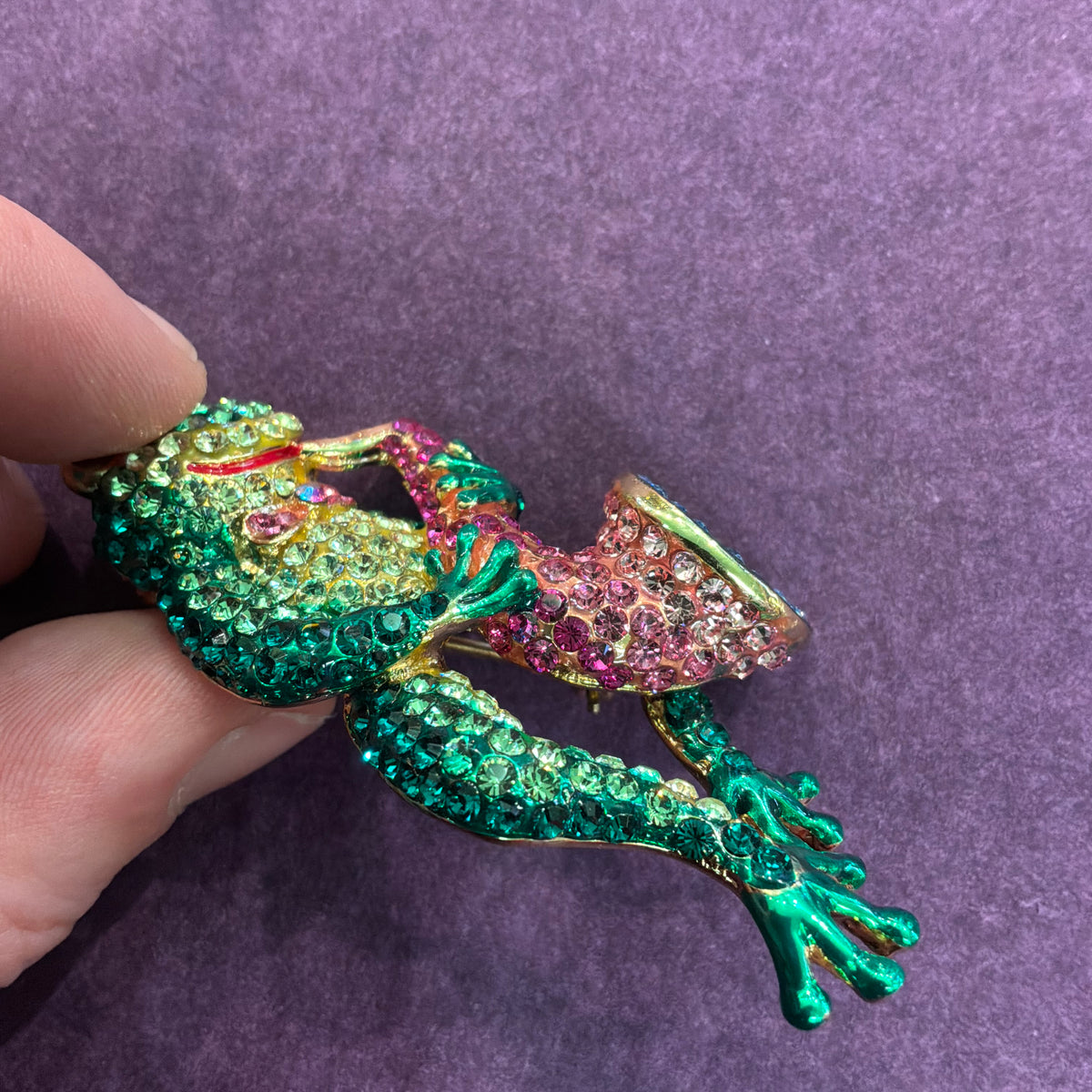 Vintage Butler & Wilson Frog and Saxophone Brooch, Gold Tone and Crystal Novelty Pin