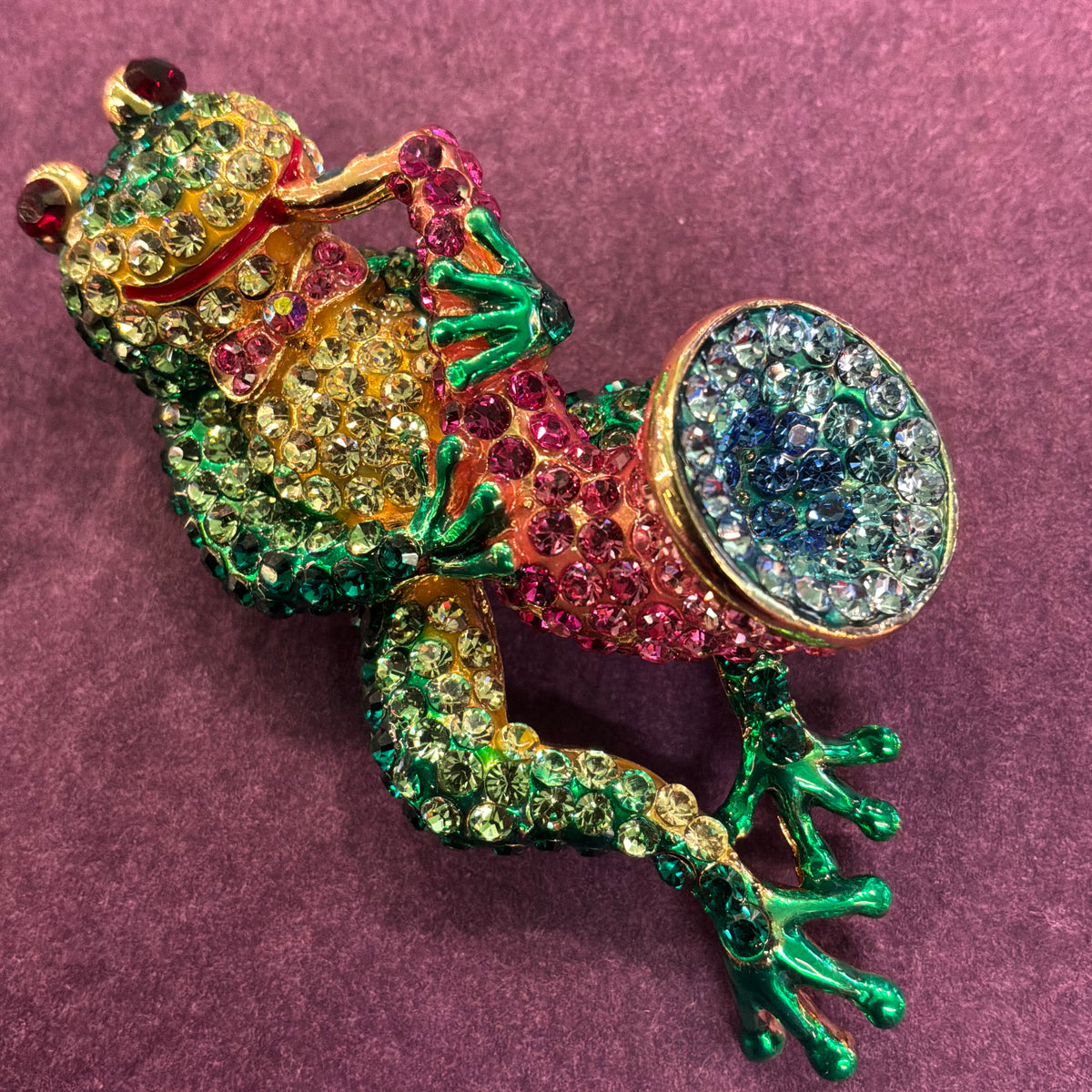 Vintage Butler & Wilson Frog and Saxophone Brooch, Gold Tone and Crystal Novelty Pin