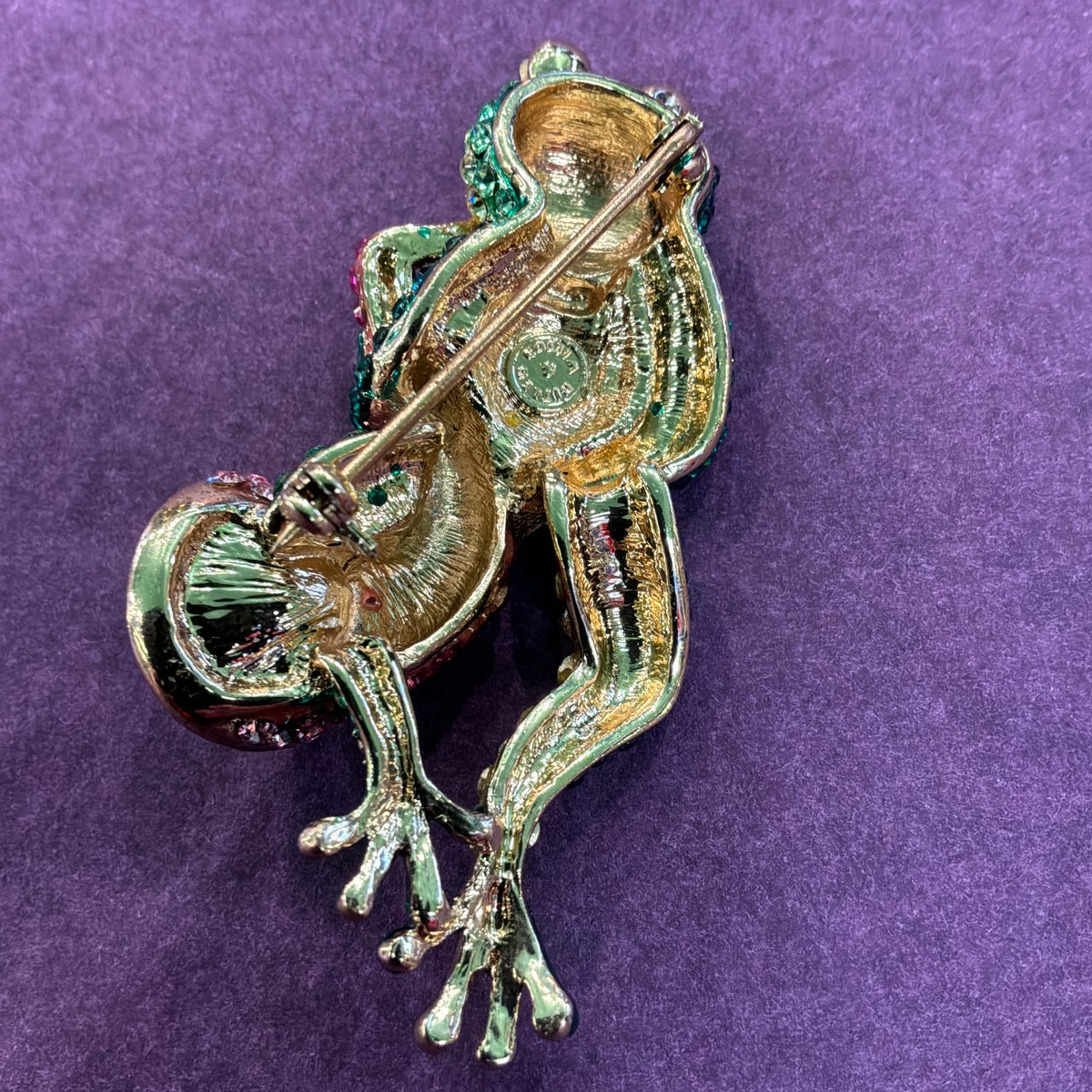 Vintage Butler & Wilson Frog and Saxophone Brooch, Gold Tone and Crystal Novelty Pin