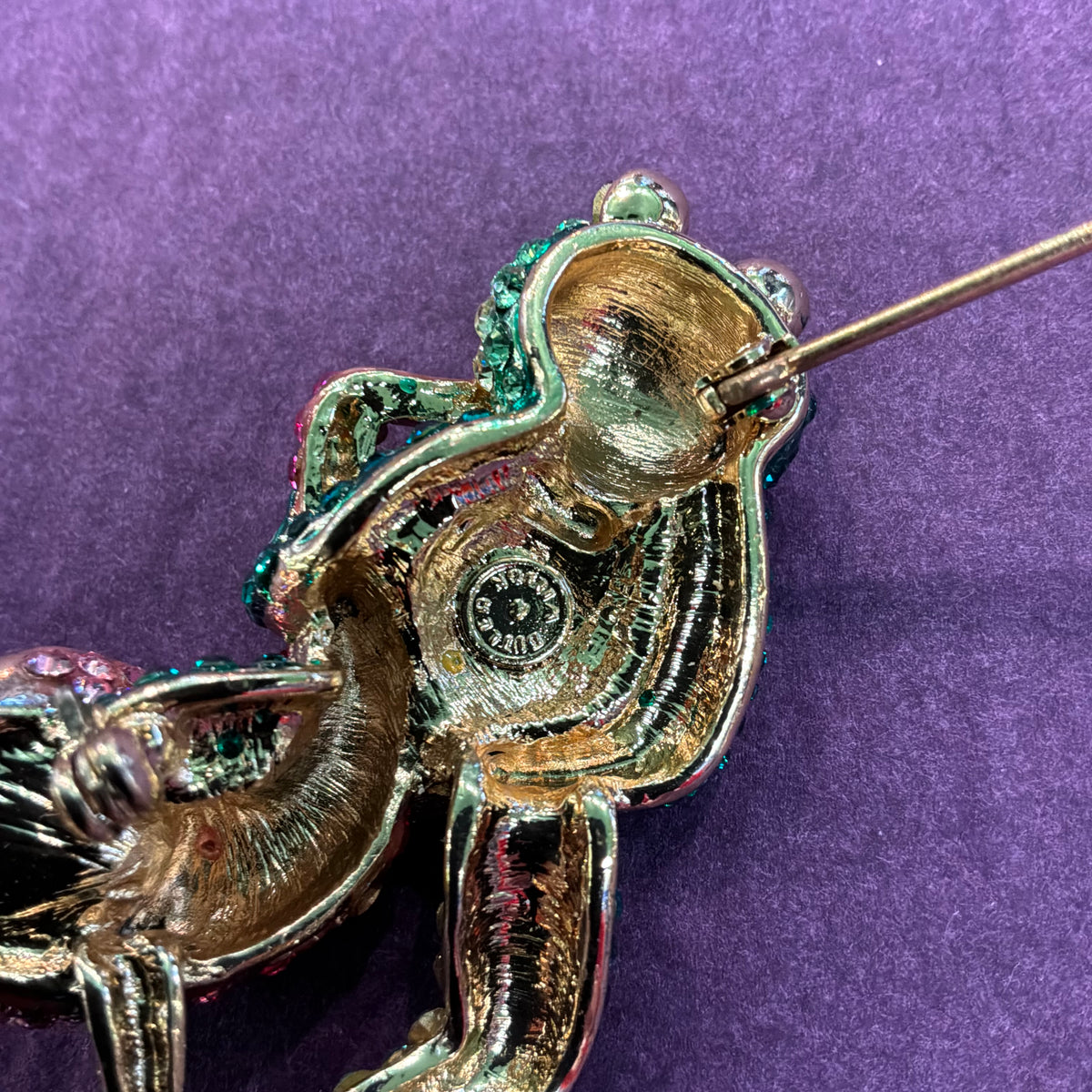 Vintage Butler & Wilson Frog and Saxophone Brooch, Gold Tone and Crystal Novelty Pin