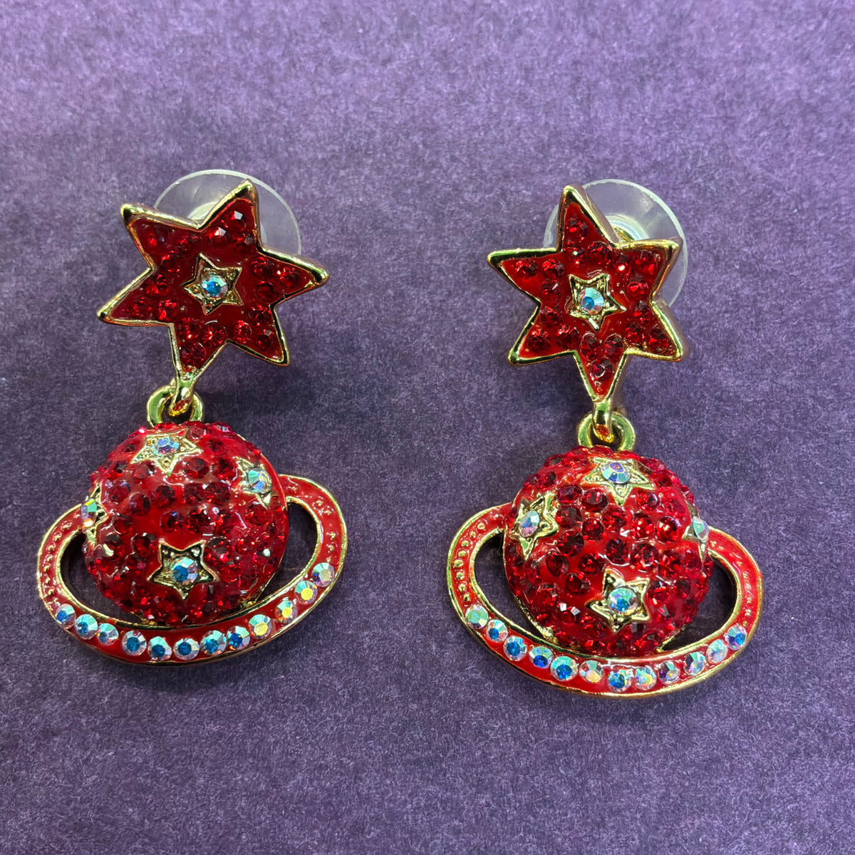 Vintage Butler and Wilson Celestial Drop Earrings, Ringed Planet and Star Dangle