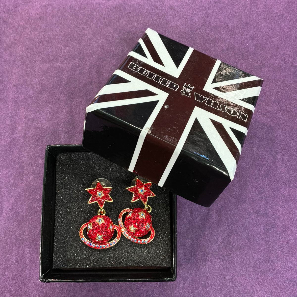 Vintage Butler and Wilson Celestial Drop Earrings, Ringed Planet and Star Dangle