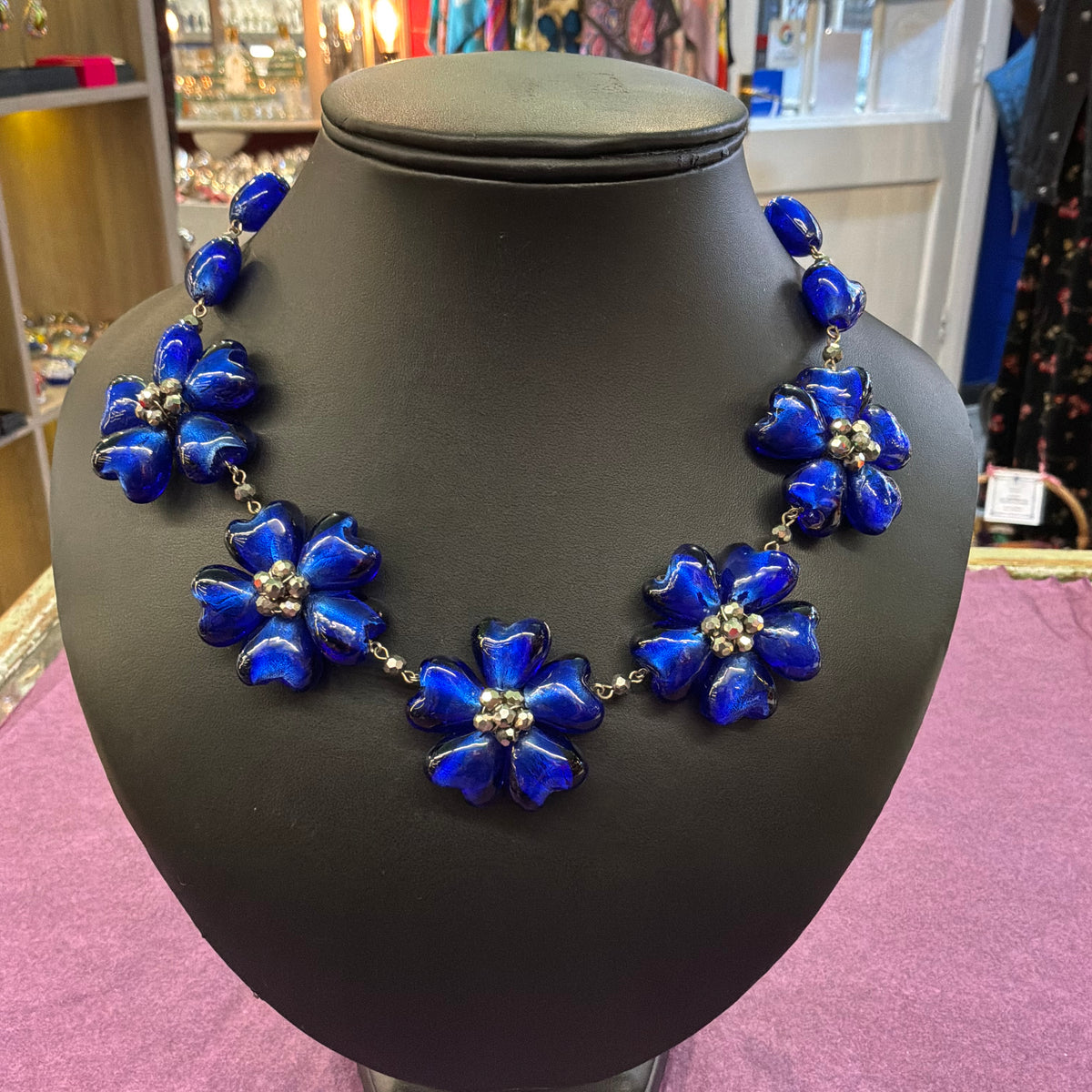 Vintage Butler and Wilson Blue Floral Glass Crystal Beaded Necklace