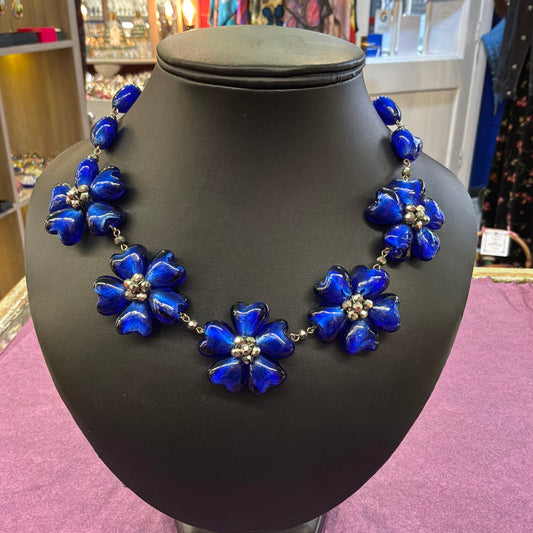 Vintage Butler and Wilson Blue Floral Glass Crystal Beaded Necklace
