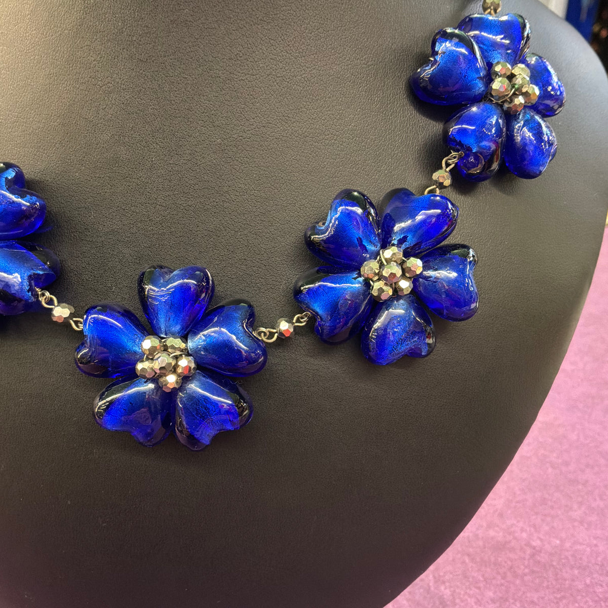 Vintage Butler and Wilson Blue Floral Glass Crystal Beaded Necklace