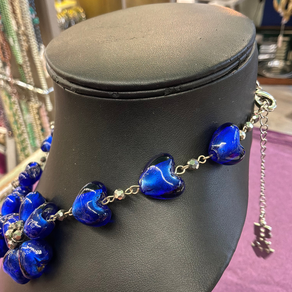 Vintage Butler and Wilson Blue Floral Glass Crystal Beaded Necklace