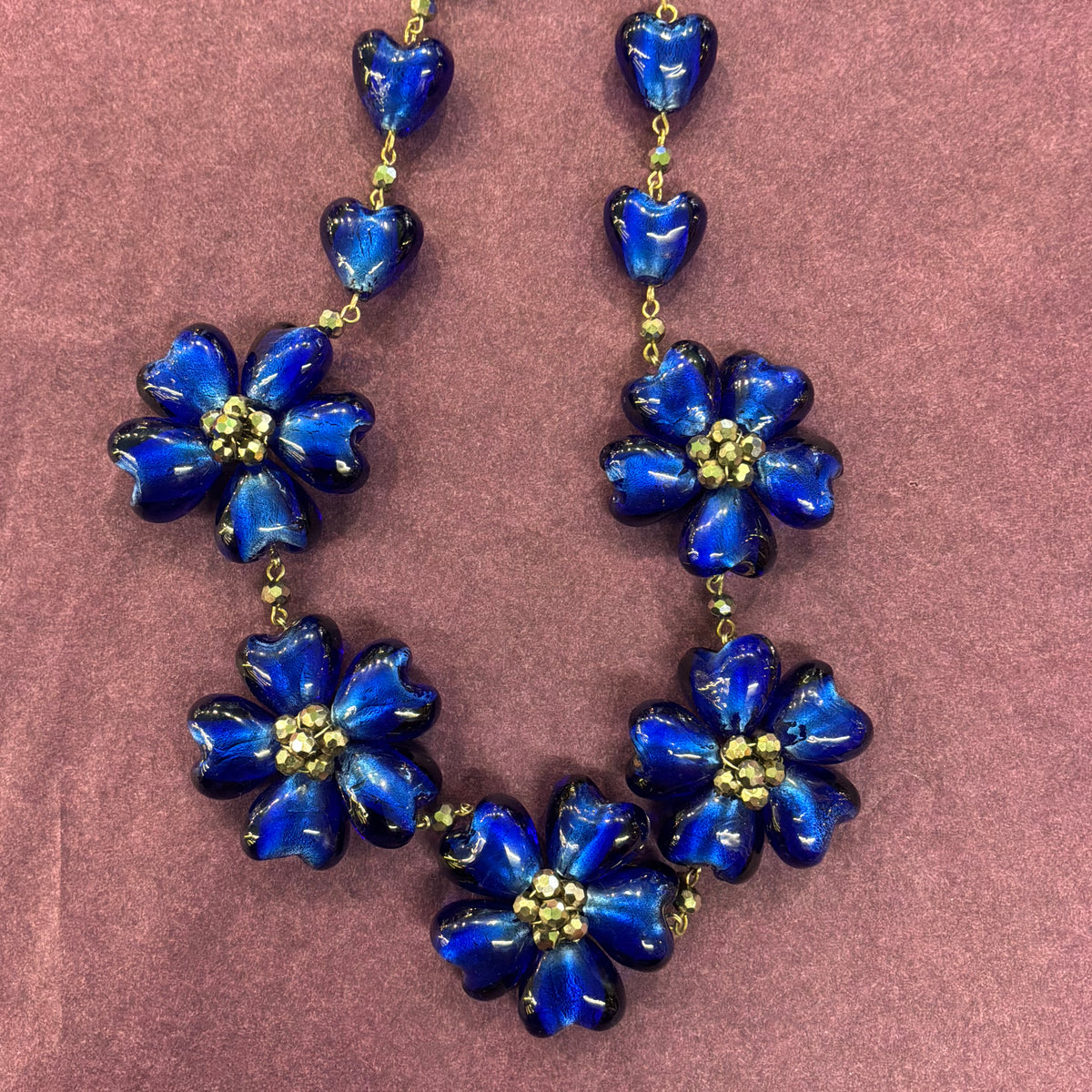 Vintage Butler and Wilson Blue Floral Glass Crystal Beaded Necklace