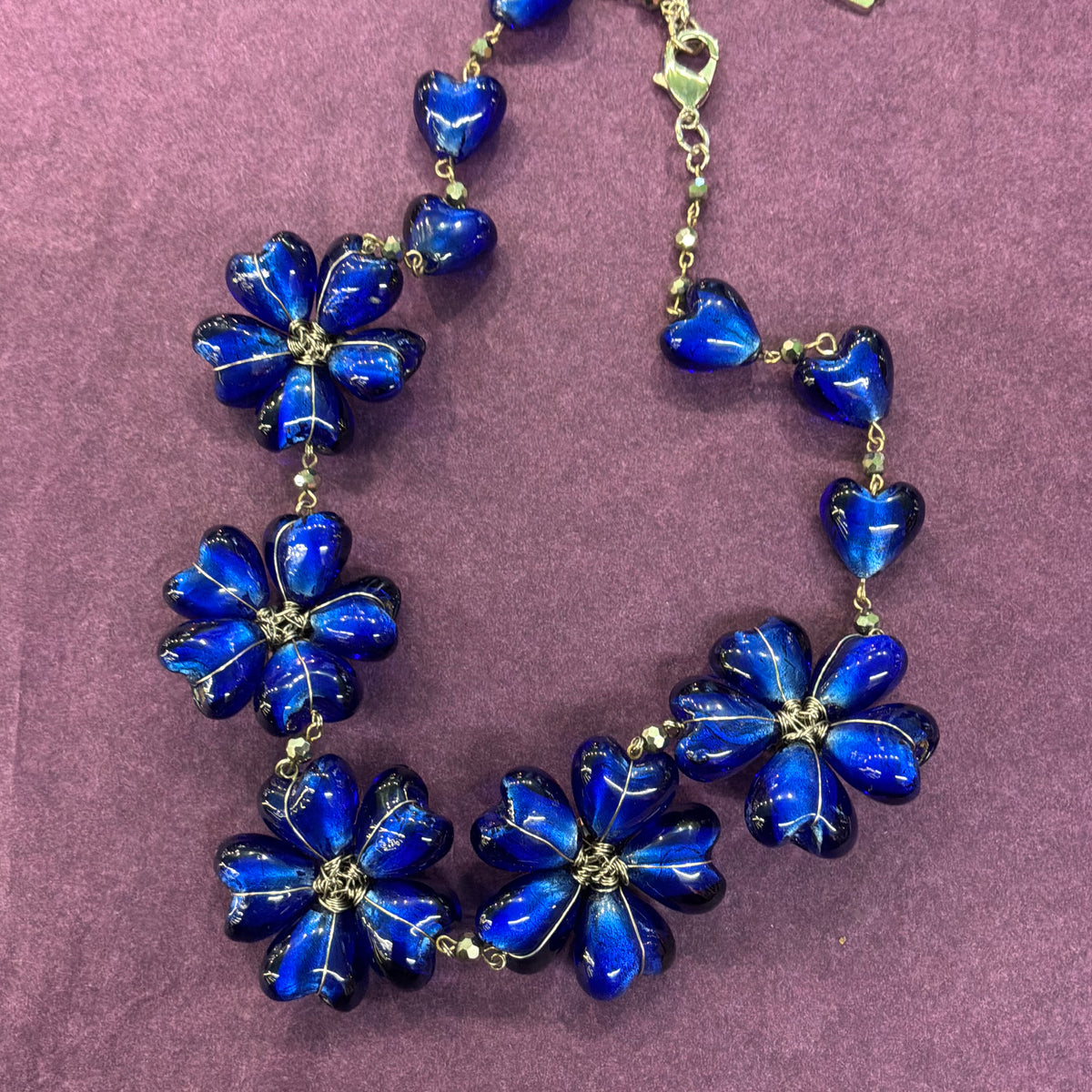 Vintage Butler and Wilson Blue Floral Glass Crystal Beaded Necklace