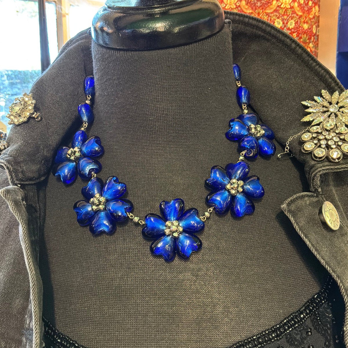 Vintage Butler and Wilson Blue Floral Glass Crystal Beaded Necklace