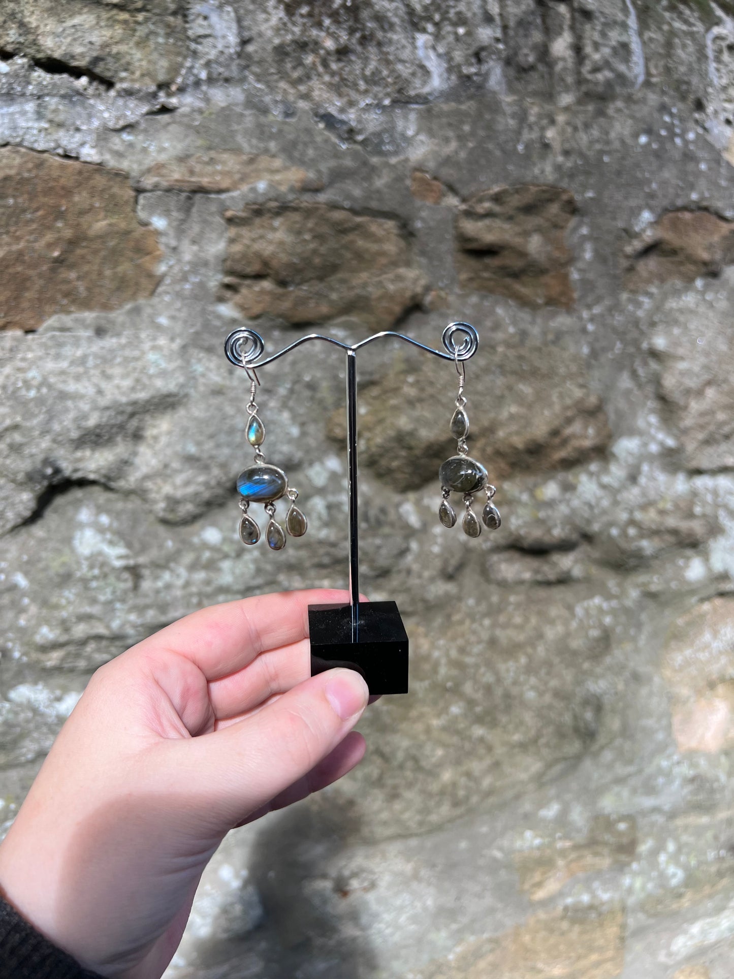 Vintage 925 Sterling Silver Labradorite Chandelier Drop Earrings, Artisan Made Gemstone
