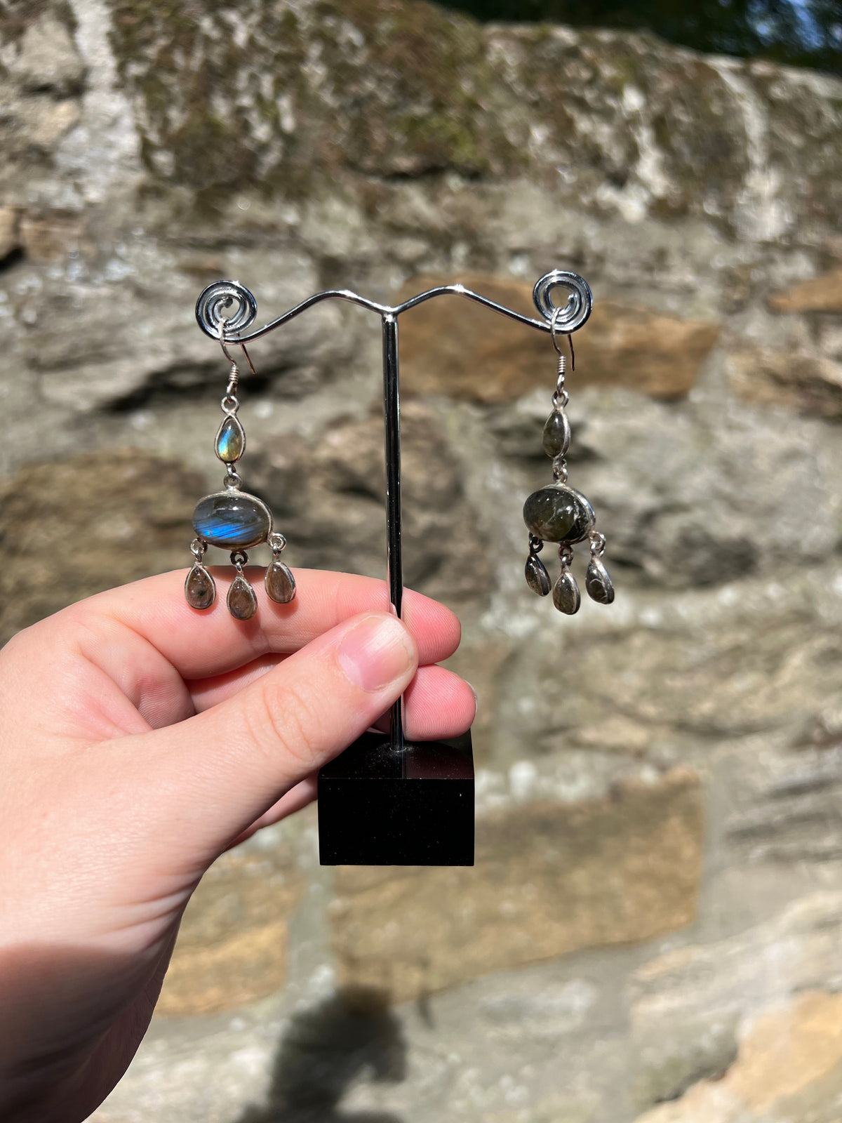 Vintage 925 Sterling Silver Labradorite Chandelier Drop Earrings, Artisan Made Gemstone