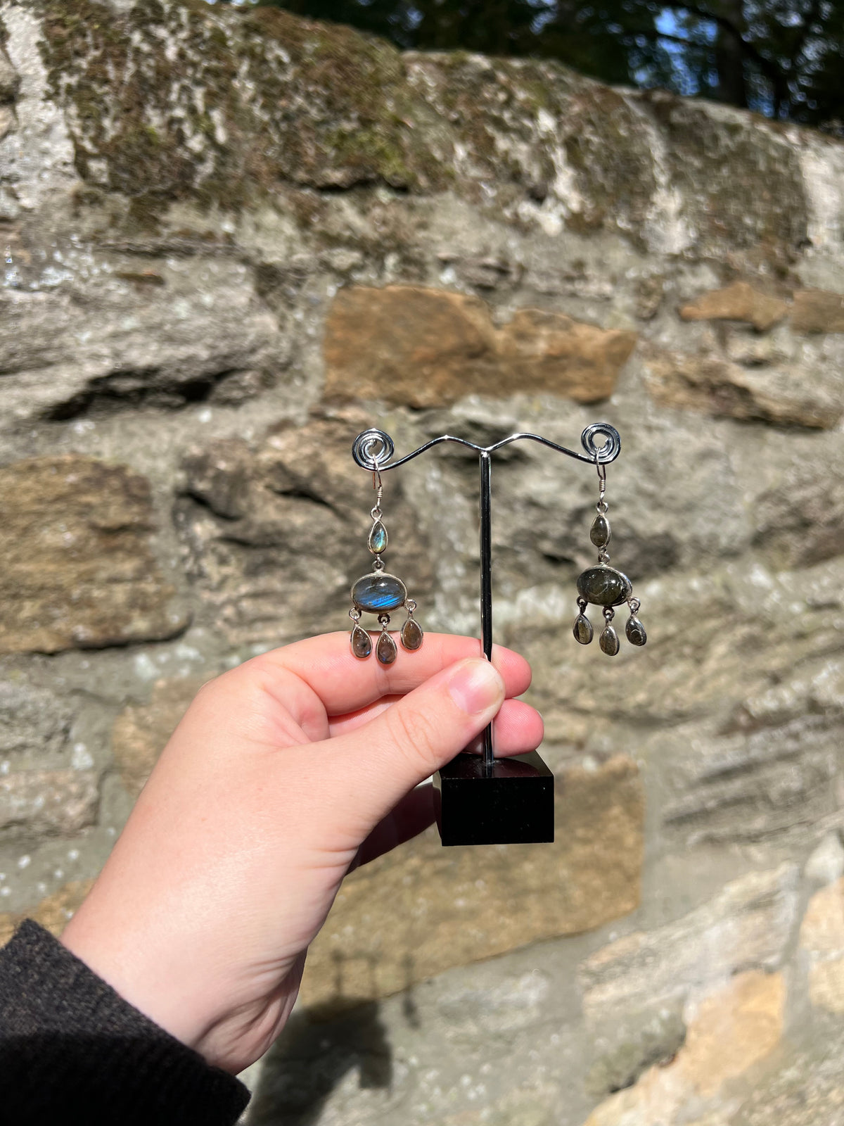 Vintage 925 Sterling Silver Labradorite Chandelier Drop Earrings, Artisan Made Gemstone