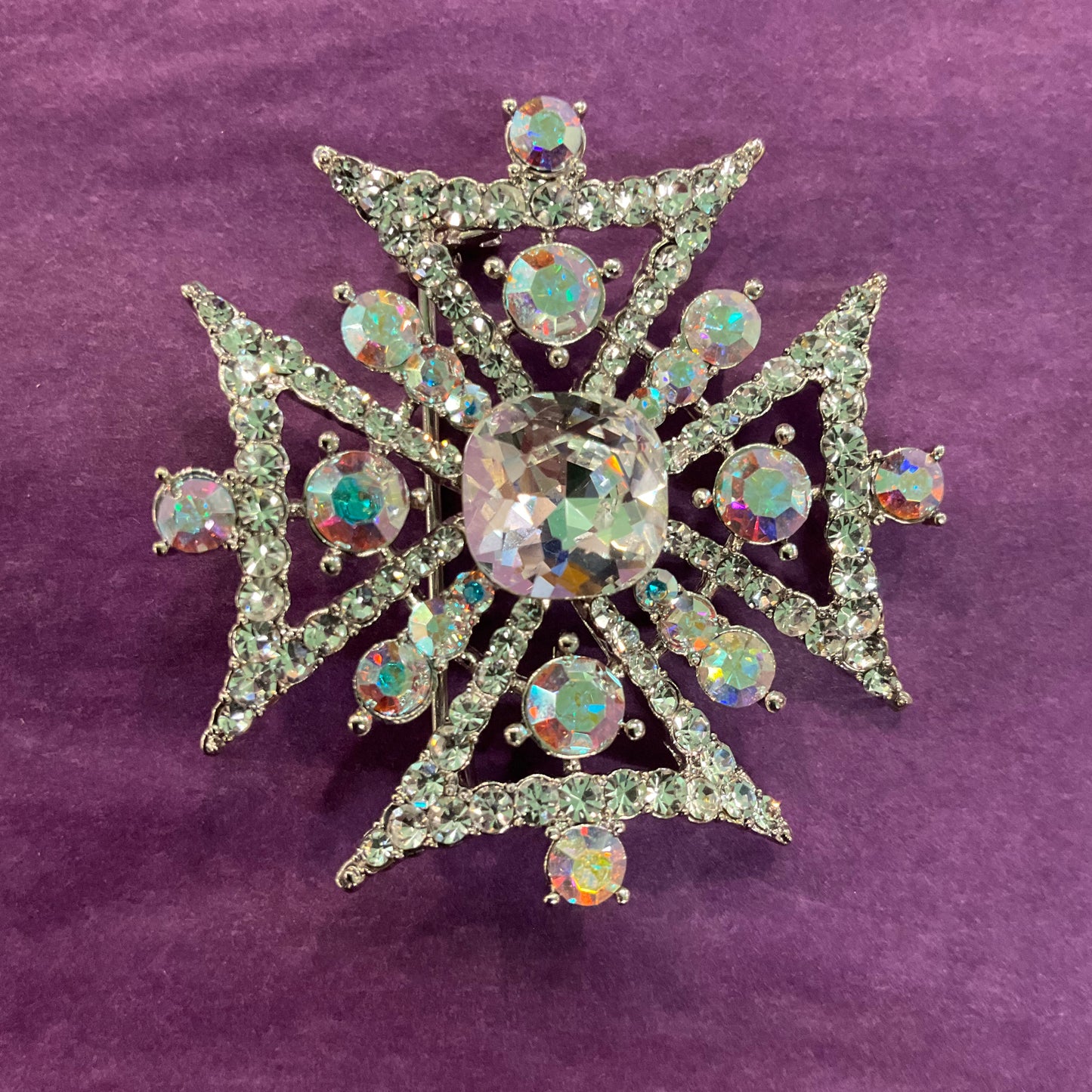 Vintage Butler and Wilson Silver and Aurora Borealis Crystal Maltese Cross Brooch