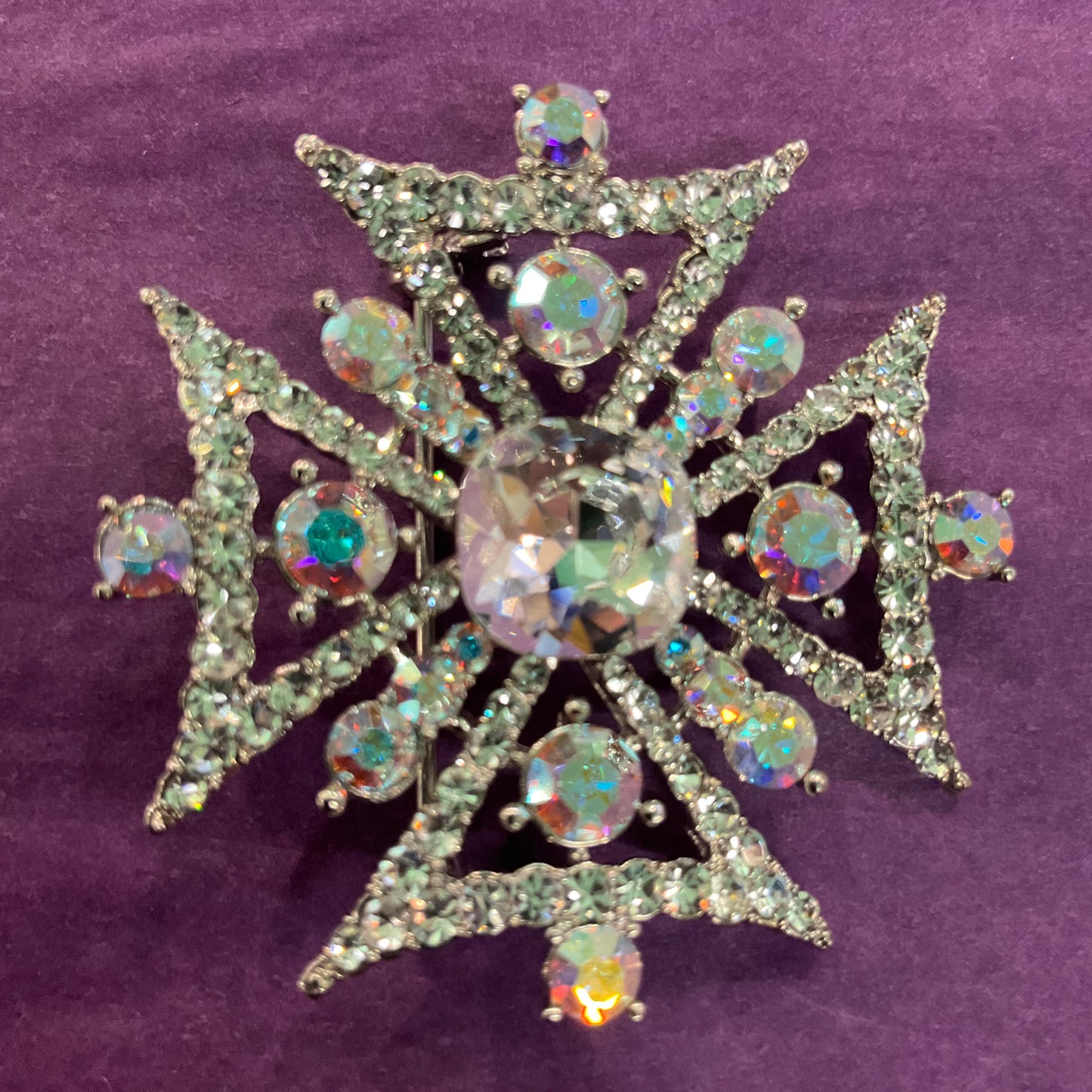 Vintage Butler and Wilson Silver and Aurora Borealis Crystal Maltese Cross Brooch