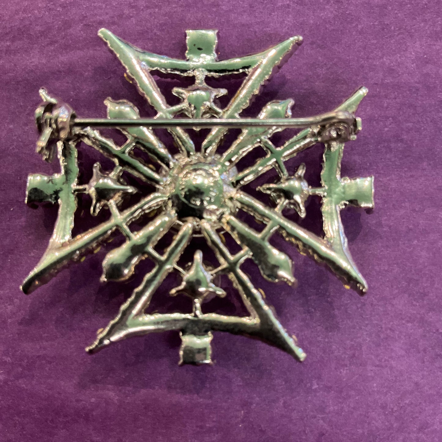 Vintage Butler and Wilson Silver and Aurora Borealis Crystal Maltese Cross Brooch